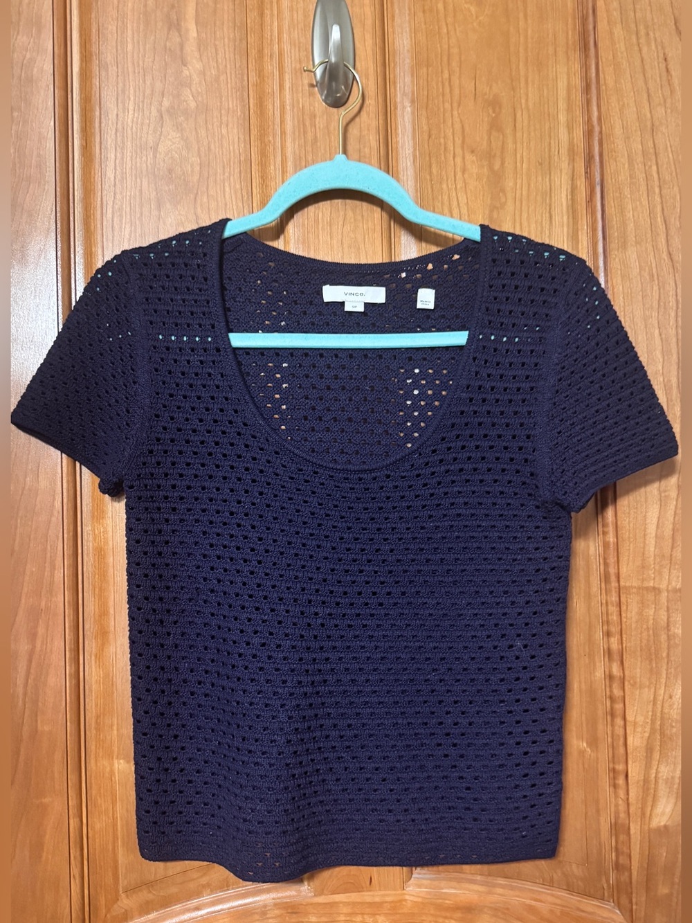 Vince Open Stitch Crochet Short Sleeve Sweater Top Navy S/P EUC